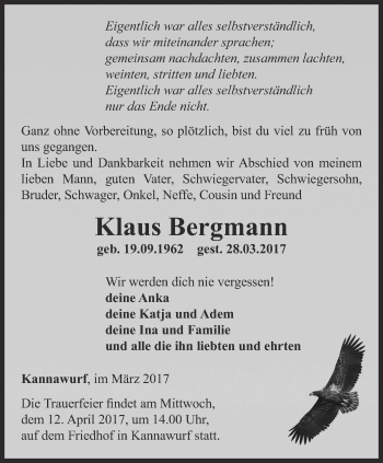 Traueranzeige von Klaus Bergmann von Thüringer Allgemeine