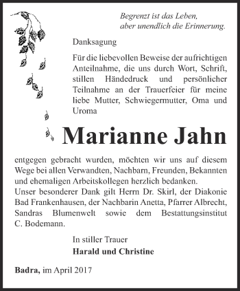 Traueranzeige von Marianne Jahn von Thüringer Allgemeine