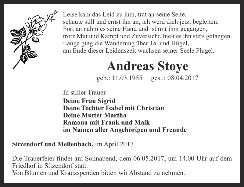  Traueranzeige für Andreas Stoye vom 22.04.2017 aus Ostthüringer Zeitung