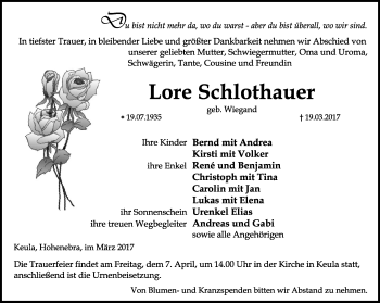 Traueranzeige von Lore Schlothauer von Thüringer Allgemeine, Thüringische Landeszeitung