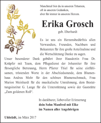 Traueranzeige von Erika Grosch von Ostthüringer Zeitung