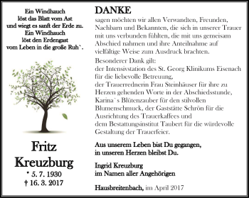 Traueranzeige von Fritz Kreuzburg von Thüringer Allgemeine, Thüringische Landeszeitung