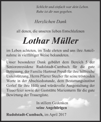 Traueranzeige von Lothar Müller von Ostthüringer Zeitung