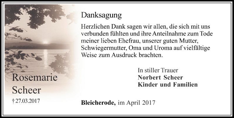  Traueranzeige für Rosemarie Scheer vom 08.04.2017 aus Thüringer Allgemeine