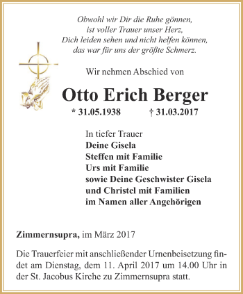 Traueranzeige von Otto Erich Berger von Thüringer Allgemeine, Thüringische Landeszeitung