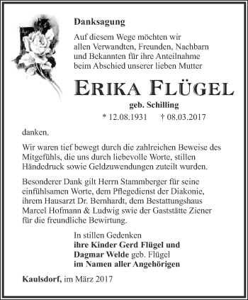 Traueranzeige von Erika Flügel von Ostthüringer Zeitung