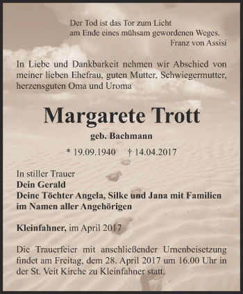 Traueranzeige von Margarete Trott von Thüringer Allgemeine, Thüringische Landeszeitung