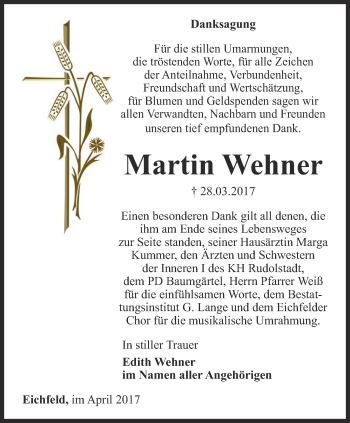 Traueranzeige von Martin Wehner von Ostthüringer Zeitung