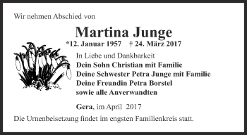 Traueranzeige von Martina Junge von Ostthüringer Zeitung