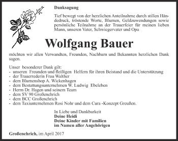 Traueranzeige von Wolfgang Bauer von Thüringer Allgemeine