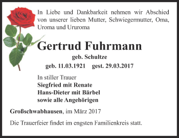 Traueranzeige von Gertrud Fuhrmann von Thüringer Allgemeine, Thüringische Landeszeitung