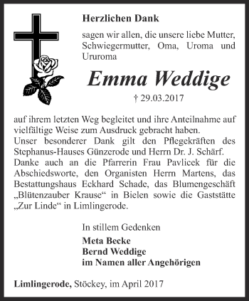 Traueranzeige von Emma Weddige von Thüringer Allgemeine