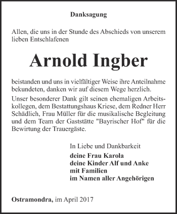 Traueranzeige von Arnold Ingber von Thüringer Allgemeine