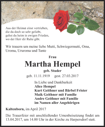 Traueranzeige von Martha Hempel von Ostthüringer Zeitung