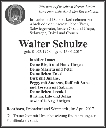 Traueranzeige von Walter Schulze von Thüringer Allgemeine