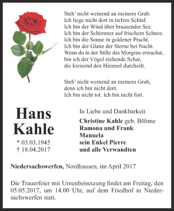 Traueranzeige von Hans Kahle von Thüringer Allgemeine