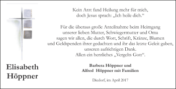 Traueranzeige von Elisabeth Höppner von Thüringer Allgemeine, Thüringische Landeszeitung