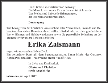 Traueranzeige von Erika Zaismann von Thüringer Allgemeine, Thüringische Landeszeitung