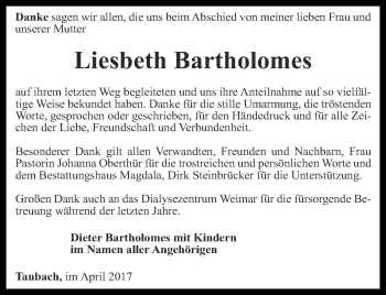 Traueranzeige von Liesbeth Bartholomes von Thüringer Allgemeine, Thüringische Landeszeitung