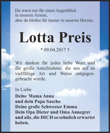 Traueranzeige von Lotta Preis von Ostthüringer Zeitung