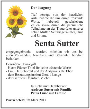 Traueranzeige von Senta Sutter von Ostthüringer Zeitung