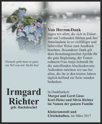 Traueranzeige von Irmgard Richter von Thüringer Allgemeine, Thüringische Landeszeitung