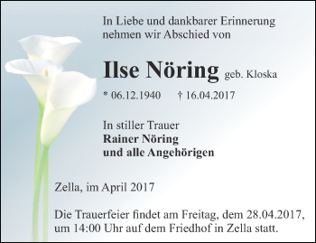 Traueranzeige von Ilse Nöring von Thüringer Allgemeine, Thüringische Landeszeitung