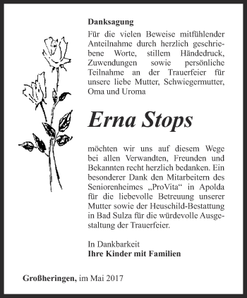 Traueranzeige von Erna Stops von Thüringer Allgemeine, Thüringische Landeszeitung