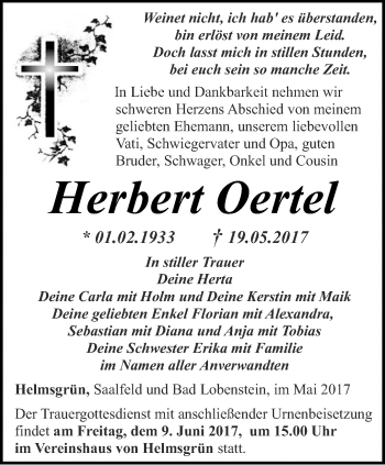 Traueranzeige von Herbert Oertel von Ostthüringer Zeitung