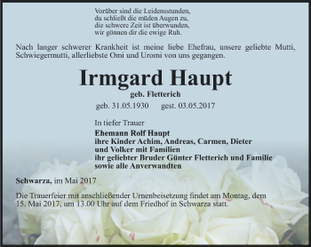 Traueranzeige von Irmgard Haupt von Ostthüringer Zeitung