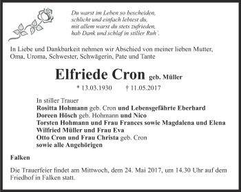 Traueranzeige von Elfriede Cron von Thüringer Allgemeine, Thüringische Landeszeitung