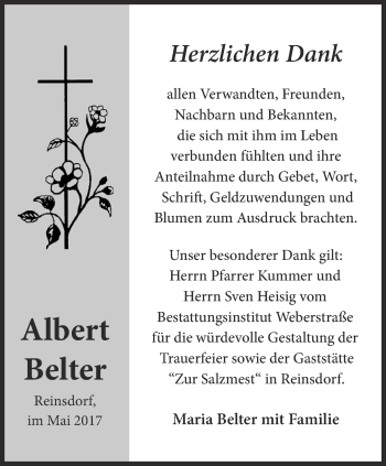 Traueranzeige von Albert Belter von Ostthüringer Zeitung