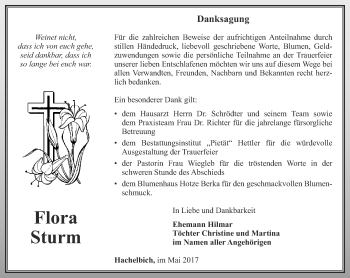 Traueranzeige von Flora Sturm von Thüringer Allgemeine