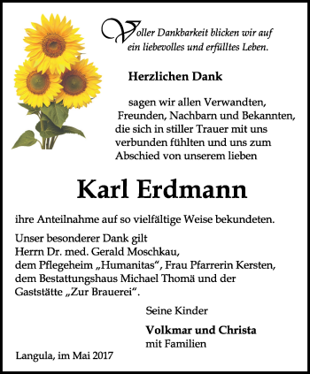 Traueranzeige von Karl Erdmann von Thüringer Allgemeine, Thüringische Landeszeitung