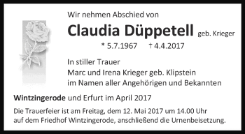 Traueranzeige von Claudia Düppetell von Thüringer Allgemeine
