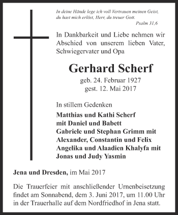 Traueranzeige von Gerhard Scherf von Ostthüringer Zeitung, Thüringische Landeszeitung
