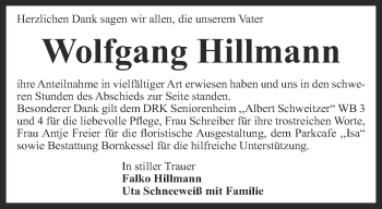 Traueranzeige von Wolfgang Hillmann von Thüringer Allgemeine