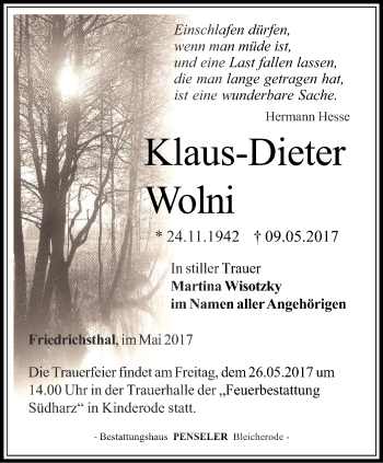 Traueranzeige von Klaus-Dieter Wolni von Thüringer Allgemeine