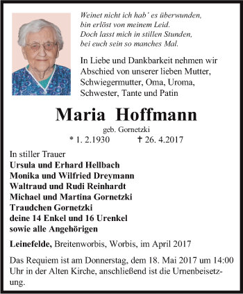 Traueranzeige von Maria Hoffmann von Thüringer Allgemeine