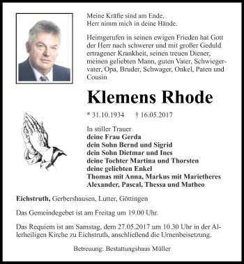 Traueranzeige von Klemens Rhode von Thüringer Allgemeine