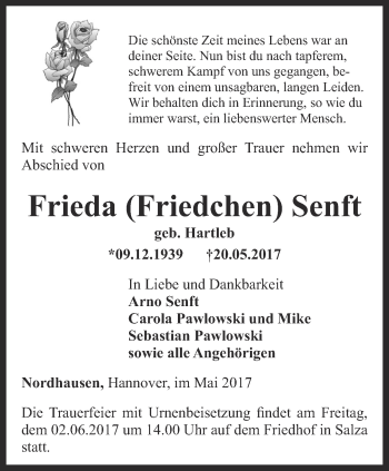 Traueranzeige von Frieda Senft von Thüringer Allgemeine