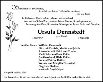 Traueranzeige von Ursula Dennstedt von Thüringer Allgemeine, Thüringische Landeszeitung