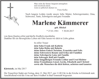 Traueranzeige von Marlene Kämmerer von Thüringer Allgemeine, Thüringische Landeszeitung