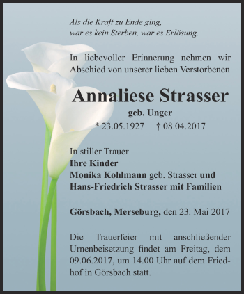 Traueranzeige von Annaliese Strasser von Thüringer Allgemeine