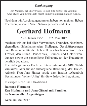 Traueranzeige von Gerhard Hofmann von Ostthüringer Zeitung, Thüringische Landeszeitung