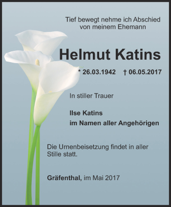 Traueranzeige von Helmut Katins von Ostthüringer Zeitung