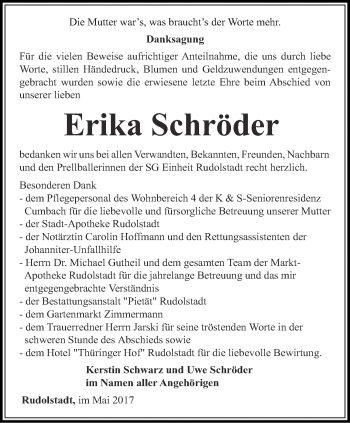 Traueranzeige von Erika Schröder von Ostthüringer Zeitung