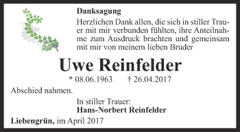 Traueranzeige von Uwe Reinfelder von Ostthüringer Zeitung