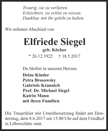 Traueranzeige von Elfriede Siegel von Ostthüringer Zeitung