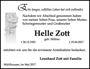 Traueranzeige von Helle Zott von Thüringer Allgemeine, Thüringische Landeszeitung